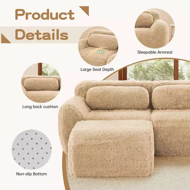 Canapé en peluche douce désossé de 149 pouces, éponge HD 32D, conception ergonomique, emballage sous vide, combinaison libre, connexion par boucle pour chambre/bureau/home cinéma