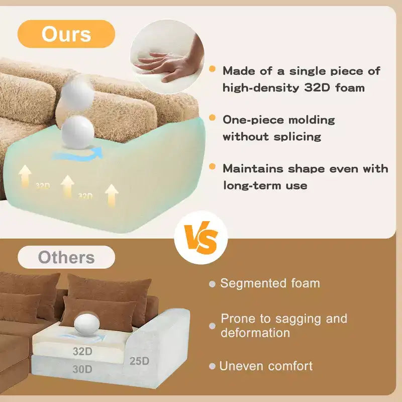 Canapé en peluche douce désossé de 149 pouces, éponge HD 32D, conception ergonomique, emballage sous vide, combinaison libre, connexion par boucle pour chambre/bureau/home cinéma