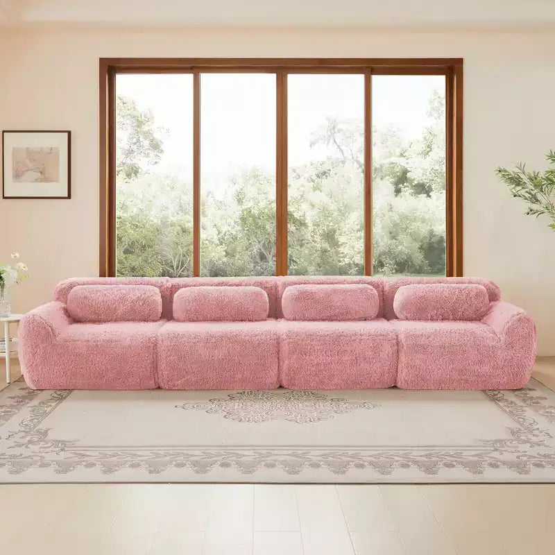 Canapé en peluche douce désossé de 149 pouces, éponge HD 32D, conception ergonomique, emballage sous vide, combinaison libre, connexion par boucle pour chambre/bureau/home cinéma