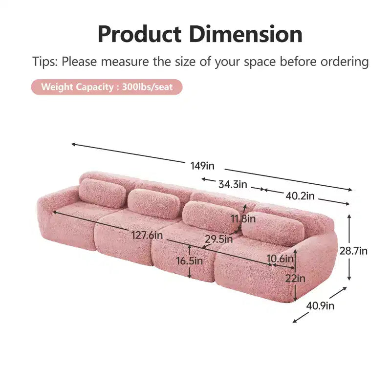 Canapé en peluche douce désossé de 149 pouces, éponge HD 32D, conception ergonomique, emballage sous vide, combinaison libre, connexion par boucle pour chambre/bureau/home cinéma
