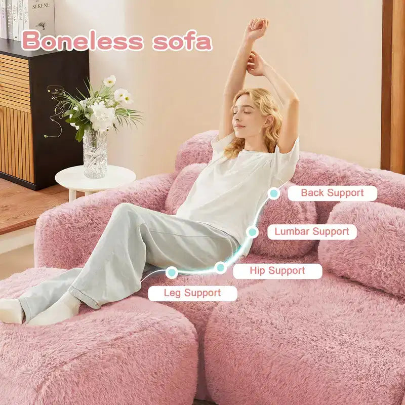 Canapé en peluche douce désossé de 149 pouces, éponge HD 32D, conception ergonomique, emballage sous vide, combinaison libre, connexion par boucle pour chambre/bureau/home cinéma