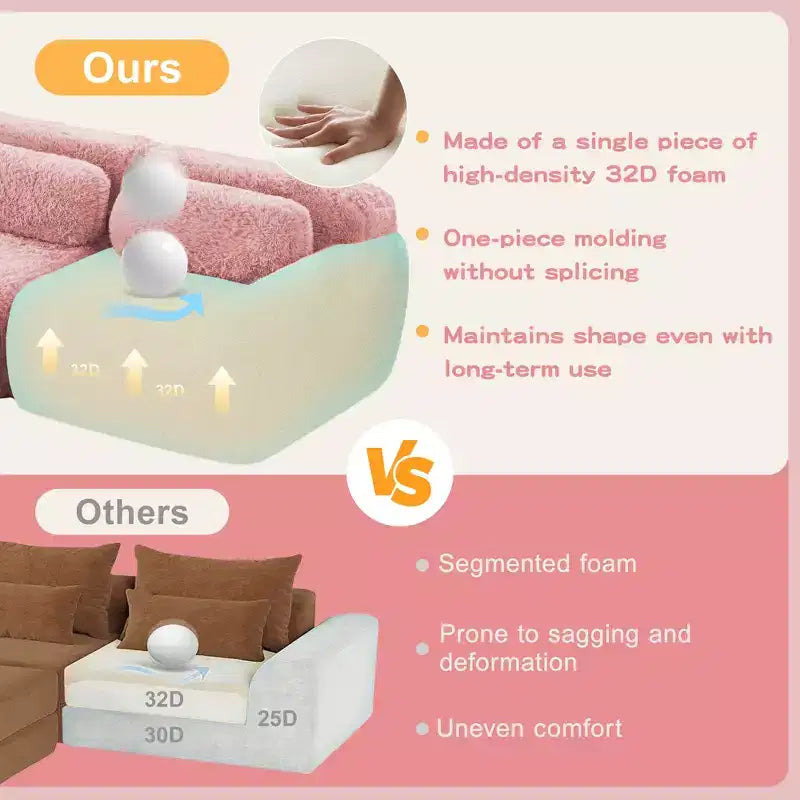 Canapé en peluche douce désossé de 149 pouces, éponge HD 32D, conception ergonomique, emballage sous vide, combinaison libre, connexion par boucle pour chambre/bureau/home cinéma