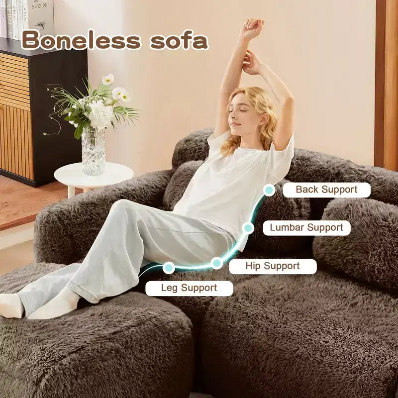 Canapé en peluche douce désossé de 149 pouces, éponge HD 32D, conception ergonomique, emballage sous vide, combinaison libre, connexion par boucle pour chambre/bureau/home cinéma