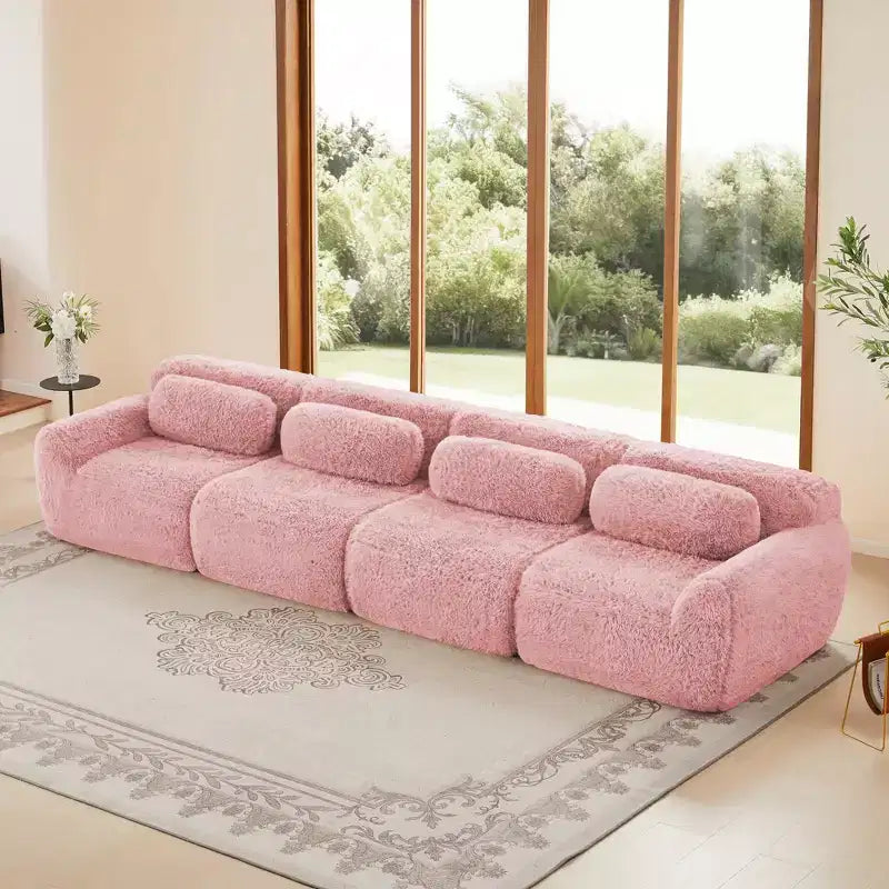 Canapé en peluche douce désossé de 149 pouces, éponge HD 32D, conception ergonomique, emballage sous vide, combinaison libre, connexion par boucle pour chambre/bureau/home cinéma