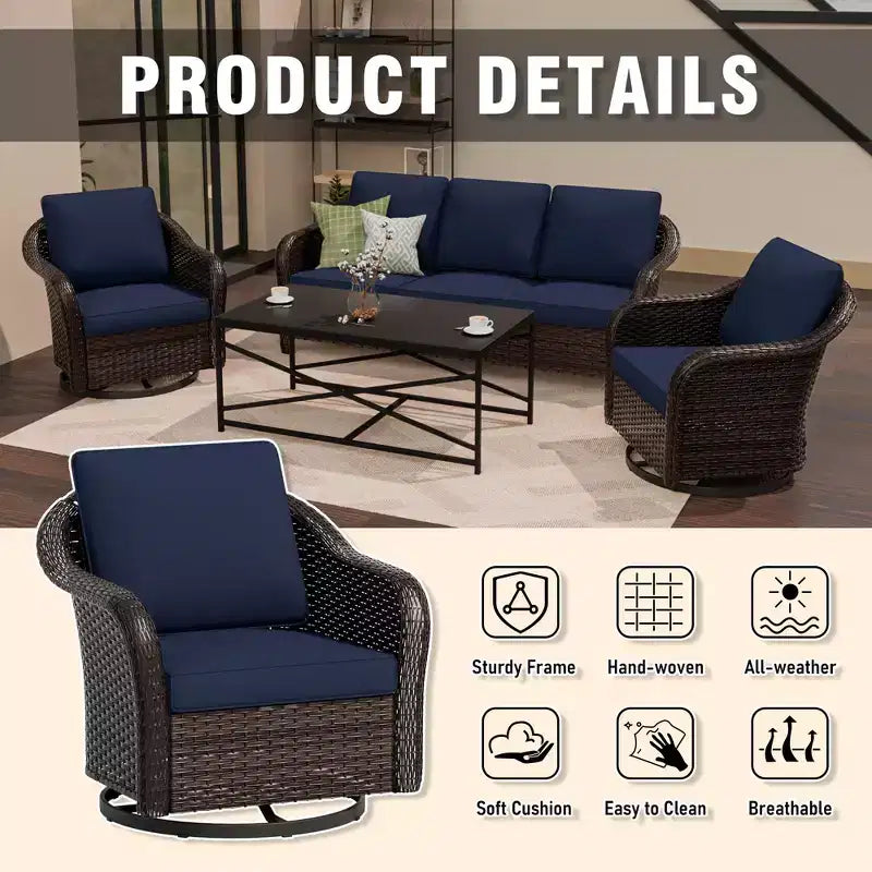 Ensemble de patio extérieur UPTIOT : canapé 3 places, 2 fauteuils berçants pivotants et table basse pour un confort par tous les temps