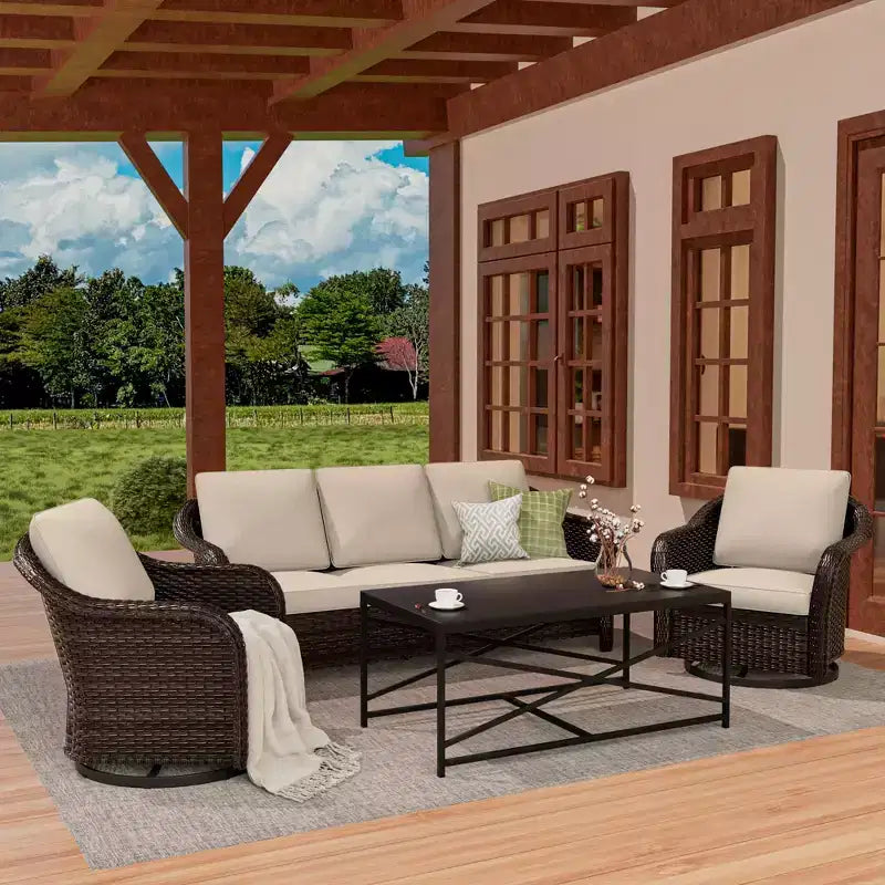 Ensemble de patio extérieur UPTIOT : canapé 3 places, 2 fauteuils berçants pivotants et table basse pour un confort par tous les temps