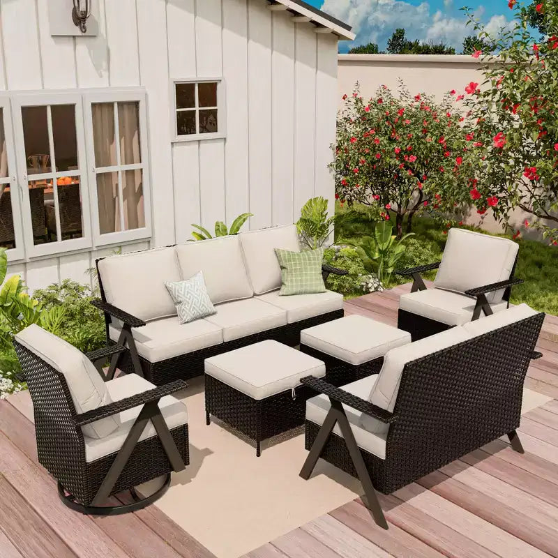 Ensemble de sièges d'extérieur UPTIOT Premium : canapé 3 places, double méridienne, 2 poufs et 2 fauteuils pivotants pour un confort optimal sur votre terrasse.