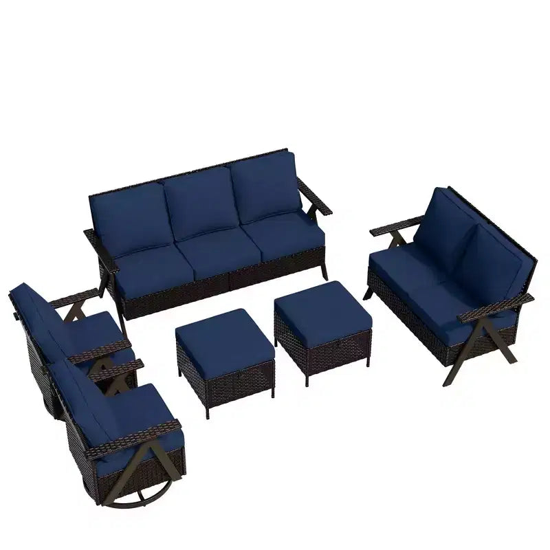 Ensemble de sièges d'extérieur UPTIOT Premium : canapé 3 places, double méridienne, 2 poufs et 2 fauteuils pivotants pour un confort optimal sur votre terrasse.