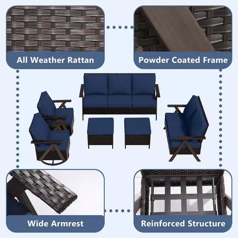 Ensemble de sièges d'extérieur UPTIOT Premium : canapé 3 places, double méridienne, 2 poufs et 2 fauteuils pivotants pour un confort optimal sur votre terrasse.