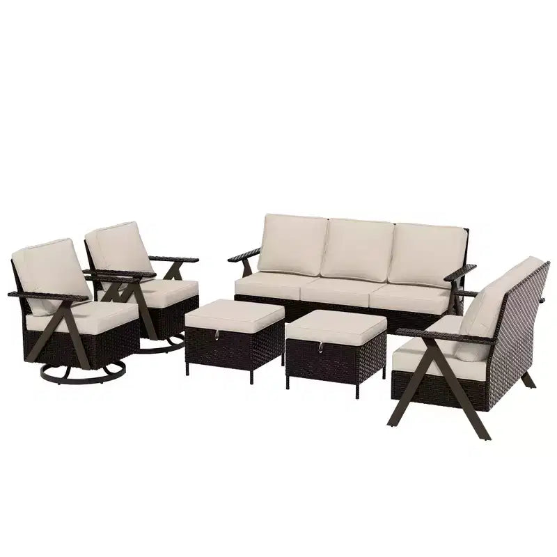Ensemble de sièges d'extérieur UPTIOT Premium : canapé 3 places, double méridienne, 2 poufs et 2 fauteuils pivotants pour un confort optimal sur votre terrasse.