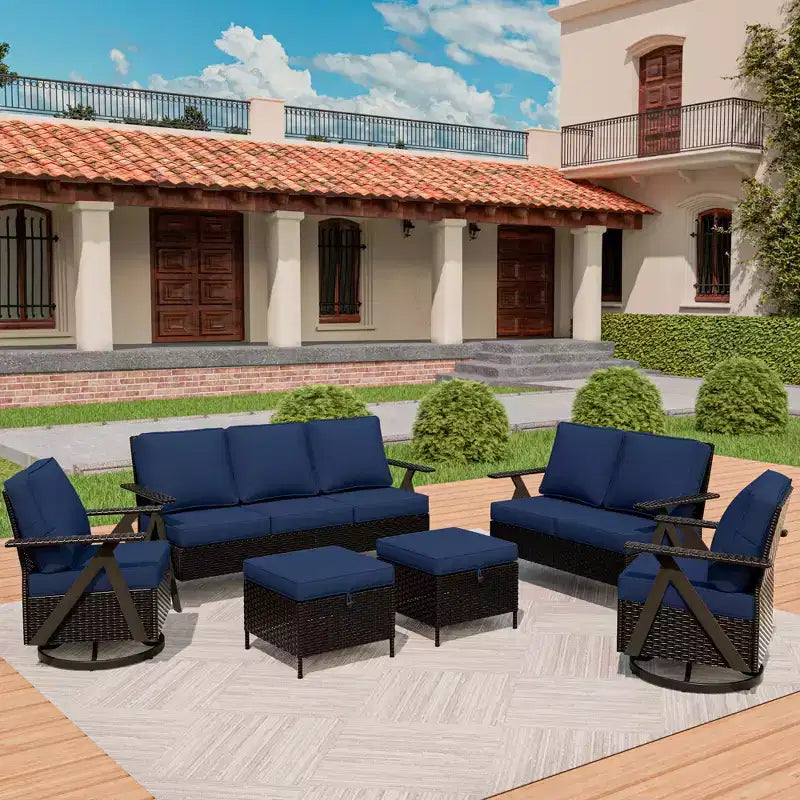 Ensemble de sièges d'extérieur UPTIOT Premium : canapé 3 places, double méridienne, 2 poufs et 2 fauteuils pivotants pour un confort optimal sur votre terrasse.