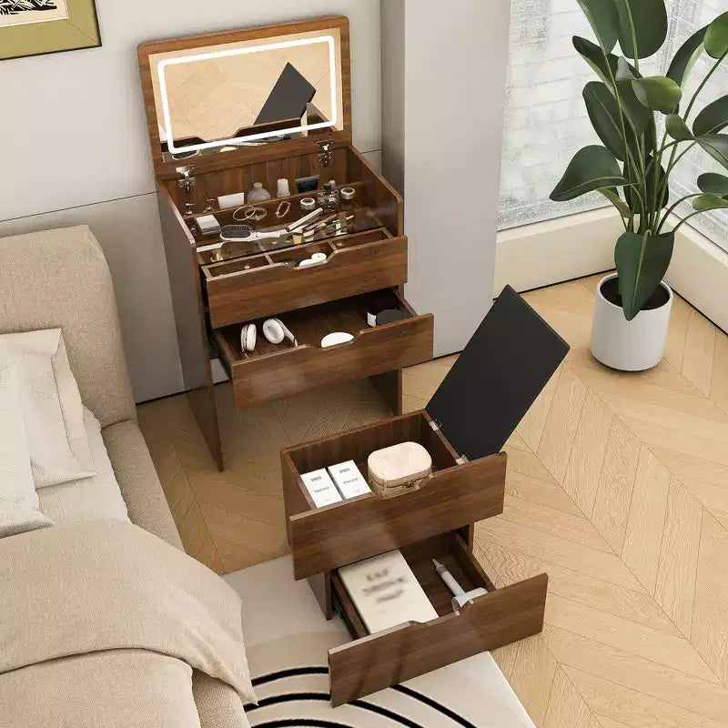 JVNOXK Coiffeuse 3-en-1 de 23 pouces avec miroir éclairé et tabouret, design rabattable, convient pour chambre ou salle de bain, grande capacité de rangement, finition noyer