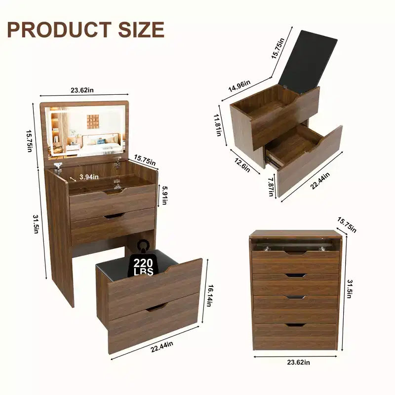 JVNOXK Coiffeuse 3-en-1 de 23 pouces avec miroir éclairé et tabouret, design rabattable, convient pour chambre ou salle de bain, grande capacité de rangement, finition noyer
