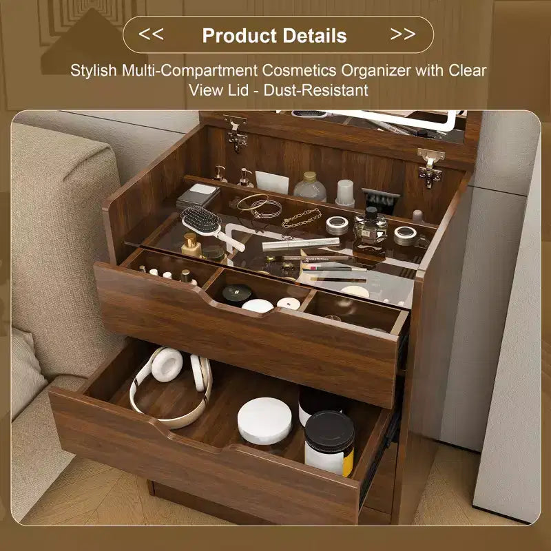 JVNOXK Coiffeuse 3-en-1 de 23 pouces avec miroir éclairé et tabouret, design rabattable, convient pour chambre ou salle de bain, grande capacité de rangement, finition noyer