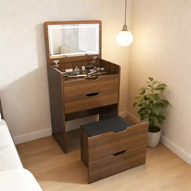 JVNOXK Coiffeuse 3-en-1 de 23 pouces avec miroir éclairé et tabouret, design rabattable, convient pour chambre ou salle de bain, grande capacité de rangement, finition noyer