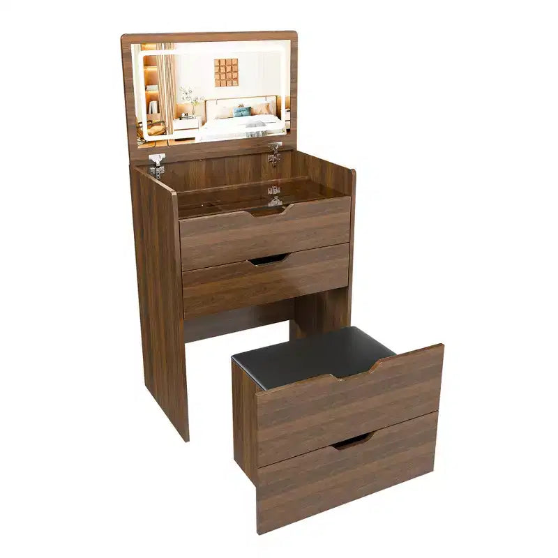 JVNOXK Coiffeuse 3-en-1 de 23 pouces avec miroir éclairé et tabouret, design rabattable, convient pour chambre ou salle de bain, grande capacité de rangement, finition noyer