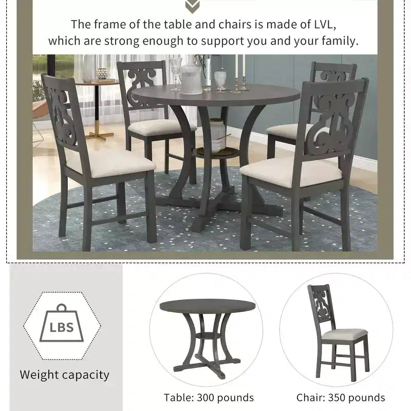 Ensemble de salle à manger rond 5 pièces en bois avec pieds de forme spéciale et dossier de chaise évidé au design exquis pour la cuisine
