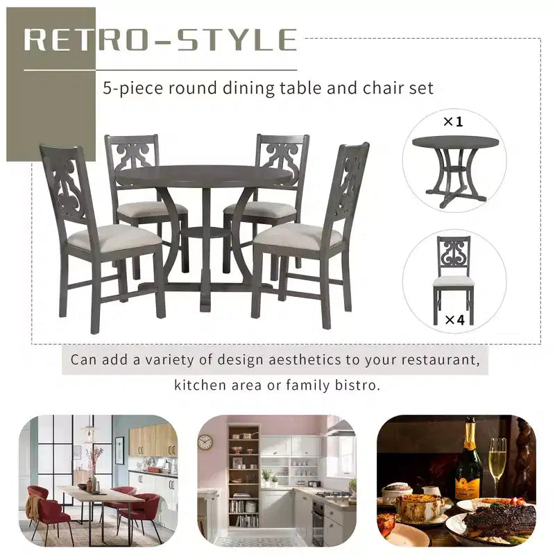 Ensemble de salle à manger rond 5 pièces en bois avec pieds de forme spéciale et dossier de chaise évidé au design exquis pour la cuisine