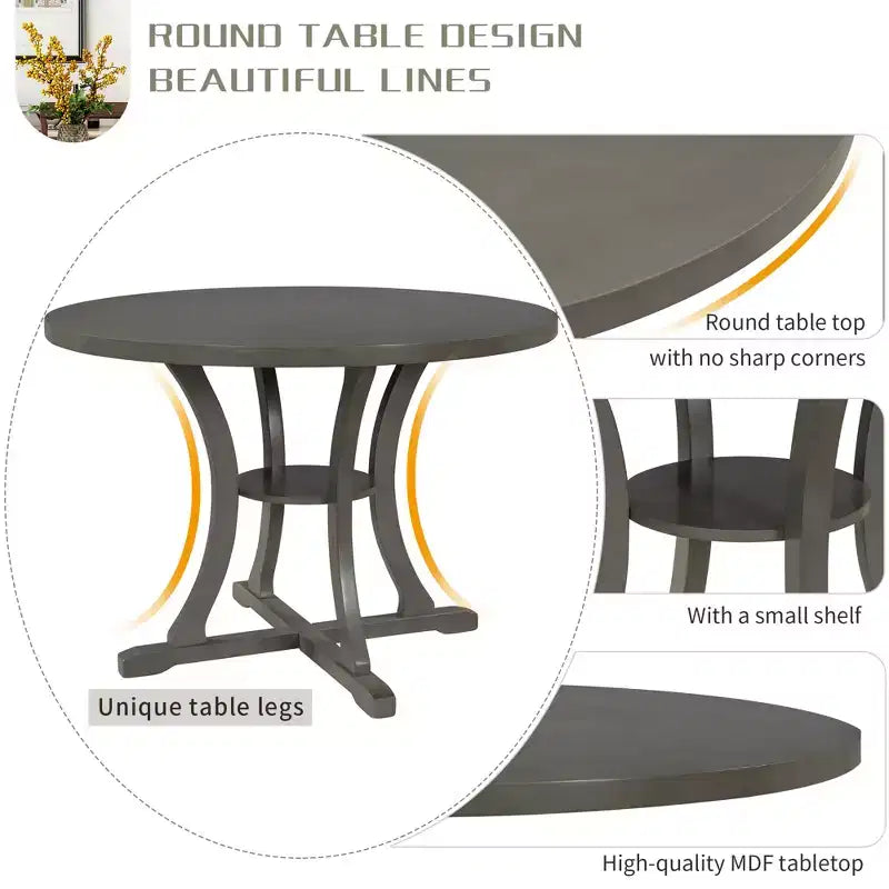 Ensemble de salle à manger rond 5 pièces en bois avec pieds de forme spéciale et dossier de chaise évidé au design exquis pour la cuisine