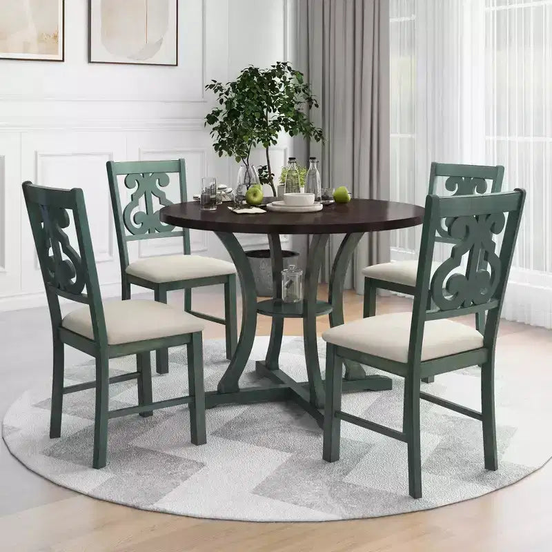 Ensemble de salle à manger rond 5 pièces en bois avec pieds de forme spéciale et dossier de chaise évidé au design exquis pour la cuisine
