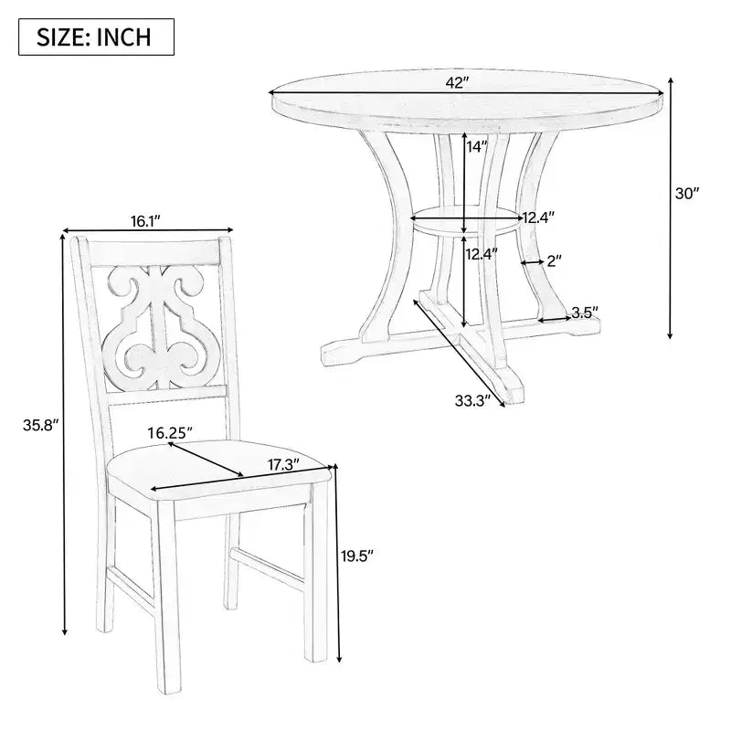Ensemble de salle à manger rond 5 pièces en bois avec pieds de forme spéciale et dossier de chaise évidé au design exquis pour la cuisine