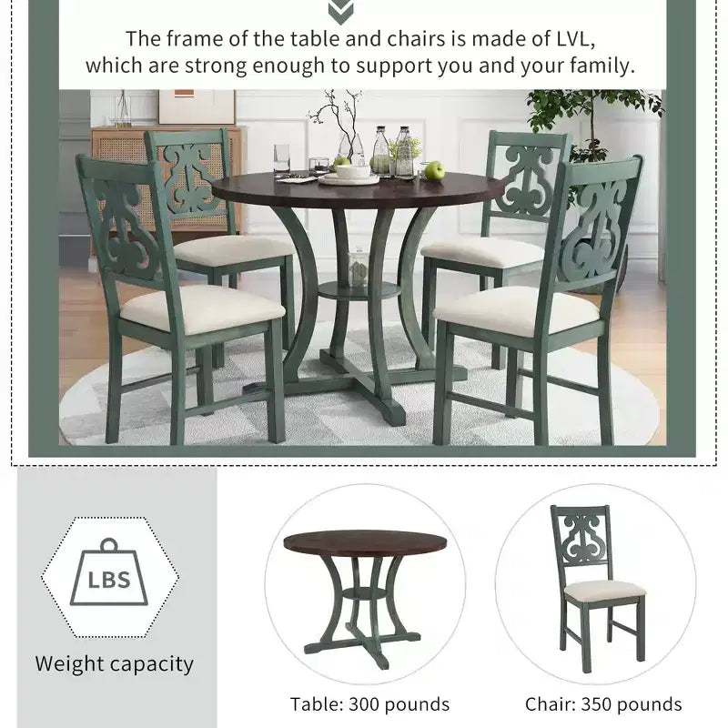 Ensemble de salle à manger rond 5 pièces en bois avec pieds de forme spéciale et dossier de chaise évidé au design exquis pour la cuisine