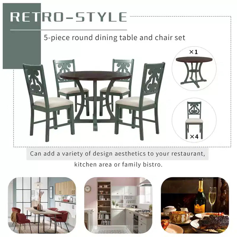 Ensemble de salle à manger rond 5 pièces en bois avec pieds de forme spéciale et dossier de chaise évidé au design exquis pour la cuisine