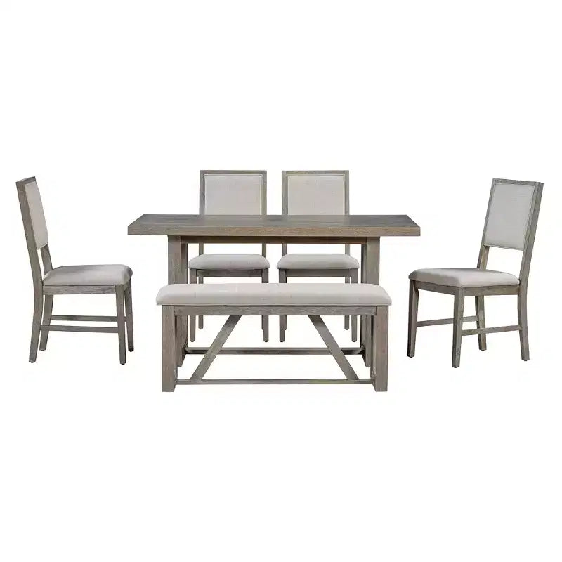 Ensemble de salle à manger rustique 6 pièces pour 5 personnes, table rectangulaire avec piètement trapézoïdal, 4 chaises rembourrées et banc pour salle à manger