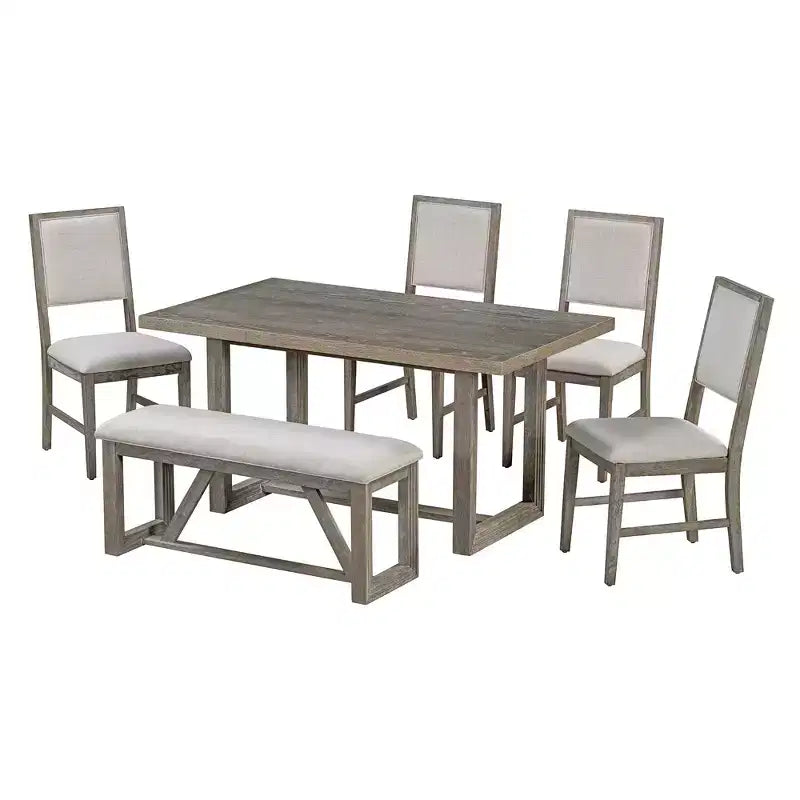 Ensemble de salle à manger rustique 6 pièces pour 5 personnes, table rectangulaire avec piètement trapézoïdal, 4 chaises rembourrées et banc pour salle à manger