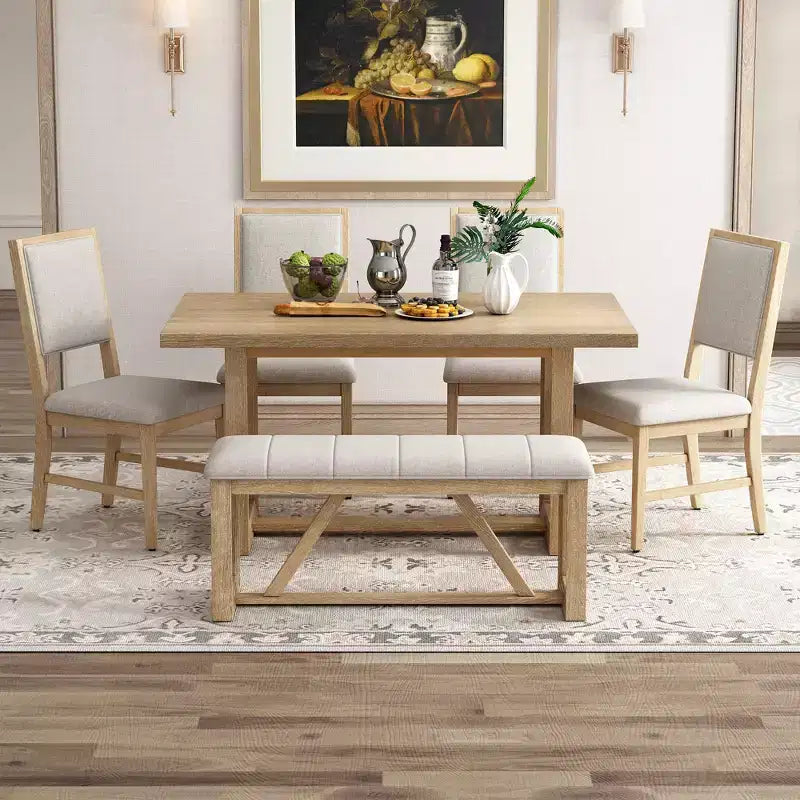 Ensemble de salle à manger rustique 6 pièces pour 5 personnes, table rectangulaire avec piètement trapézoïdal, 4 chaises rembourrées et banc pour salle à manger