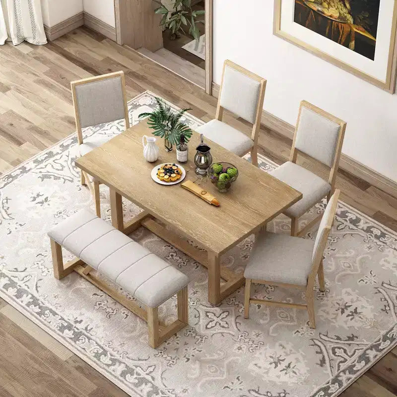 Ensemble de salle à manger rustique 6 pièces pour 5 personnes, table rectangulaire avec piètement trapézoïdal, 4 chaises rembourrées et banc pour salle à manger