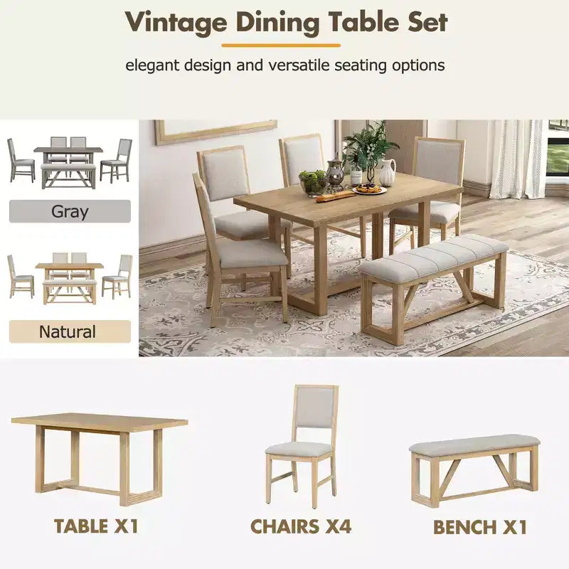 Ensemble de salle à manger rustique 6 pièces pour 5 personnes, table rectangulaire avec piètement trapézoïdal, 4 chaises rembourrées et banc pour salle à manger