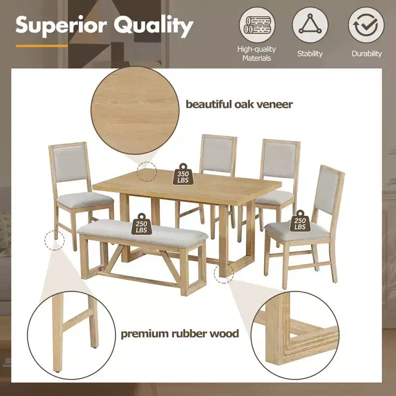 Ensemble de salle à manger rustique 6 pièces pour 5 personnes, table rectangulaire avec piètement trapézoïdal, 4 chaises rembourrées et banc pour salle à manger
