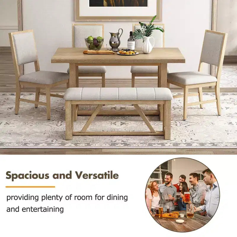 Ensemble de salle à manger rustique 6 pièces pour 5 personnes, table rectangulaire avec piètement trapézoïdal, 4 chaises rembourrées et banc pour salle à manger