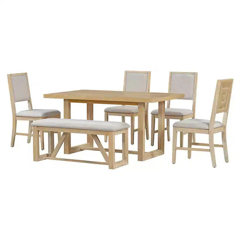 Ensemble de salle à manger rustique 6 pièces pour 5 personnes, table rectangulaire avec piètement trapézoïdal, 4 chaises rembourrées et banc pour salle à manger