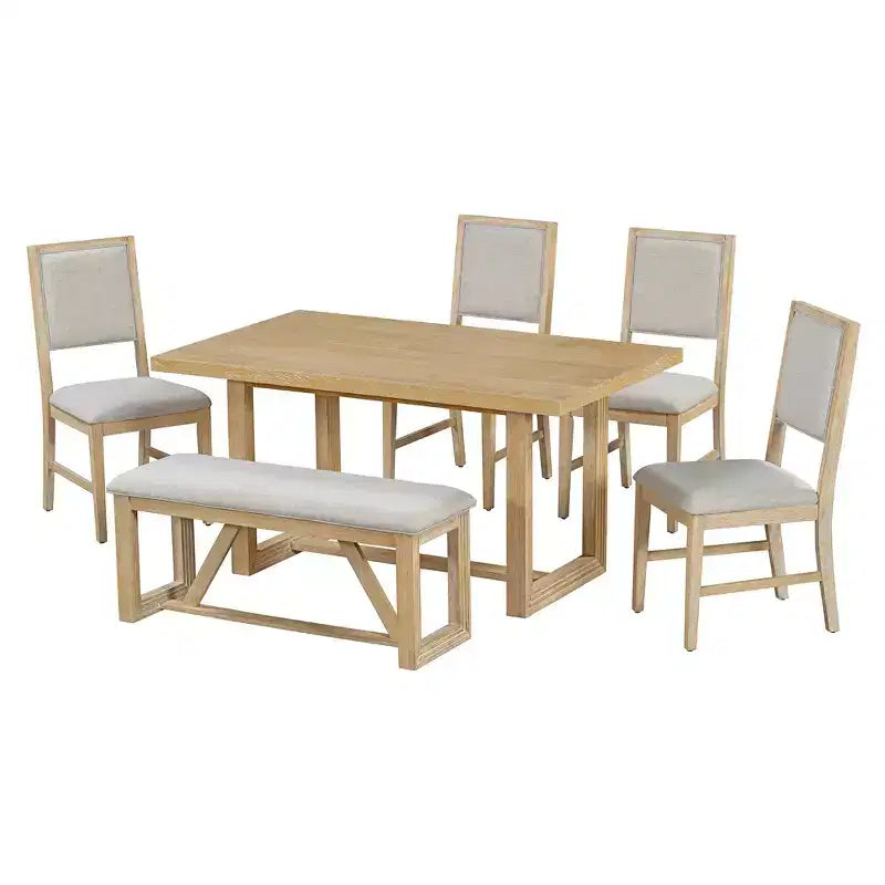 Ensemble de salle à manger rustique 6 pièces pour 5 personnes, table rectangulaire avec piètement trapézoïdal, 4 chaises rembourrées et banc pour salle à manger