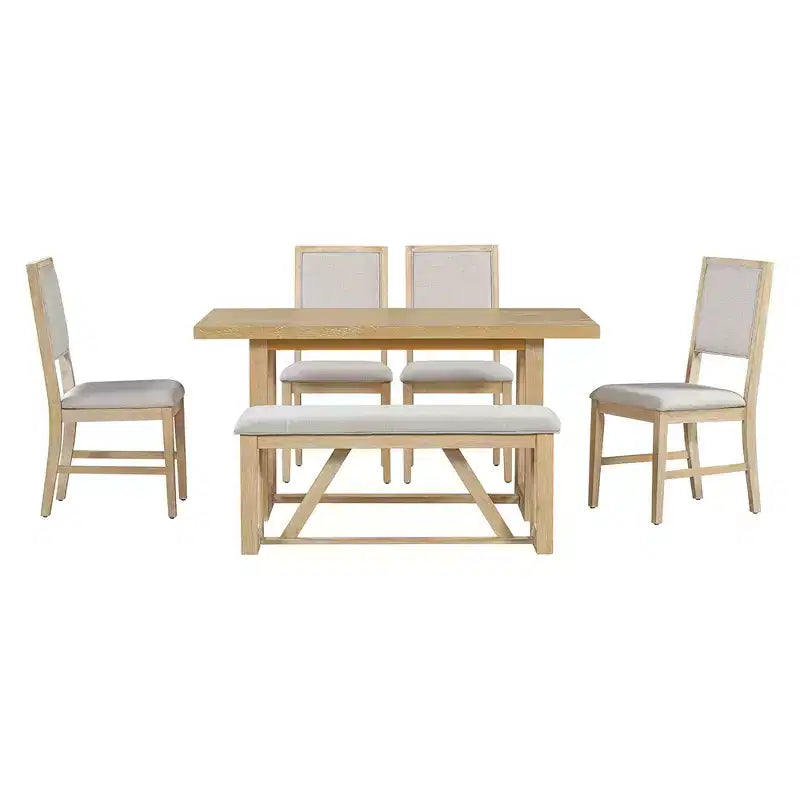 Ensemble de salle à manger rustique 6 pièces pour 5 personnes, table rectangulaire avec piètement trapézoïdal, 4 chaises rembourrées et banc pour salle à manger