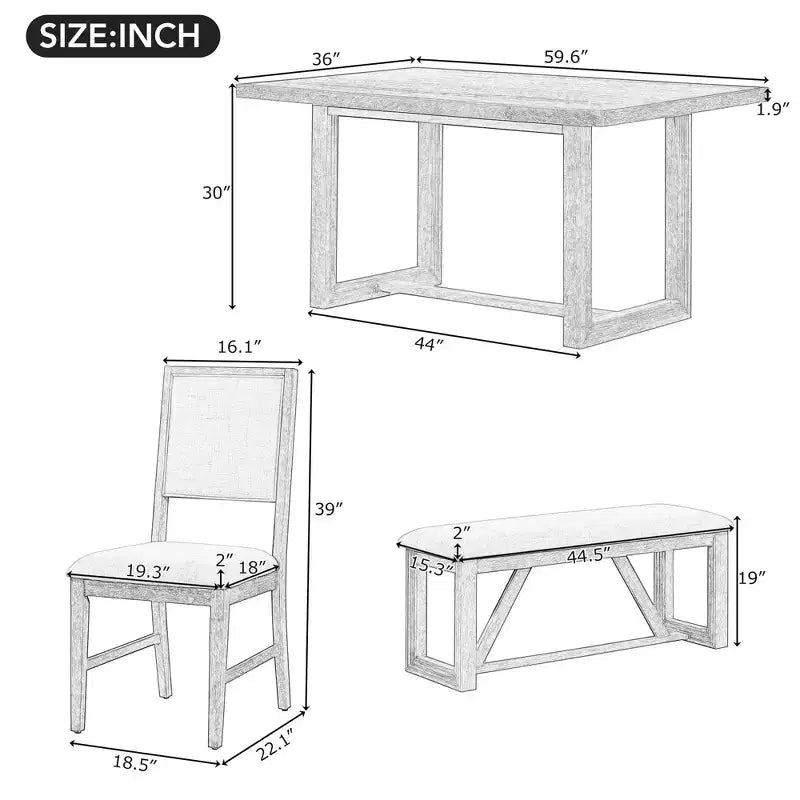 Ensemble de salle à manger rustique 6 pièces pour 5 personnes, table rectangulaire avec piètement trapézoïdal, 4 chaises rembourrées et banc pour salle à manger