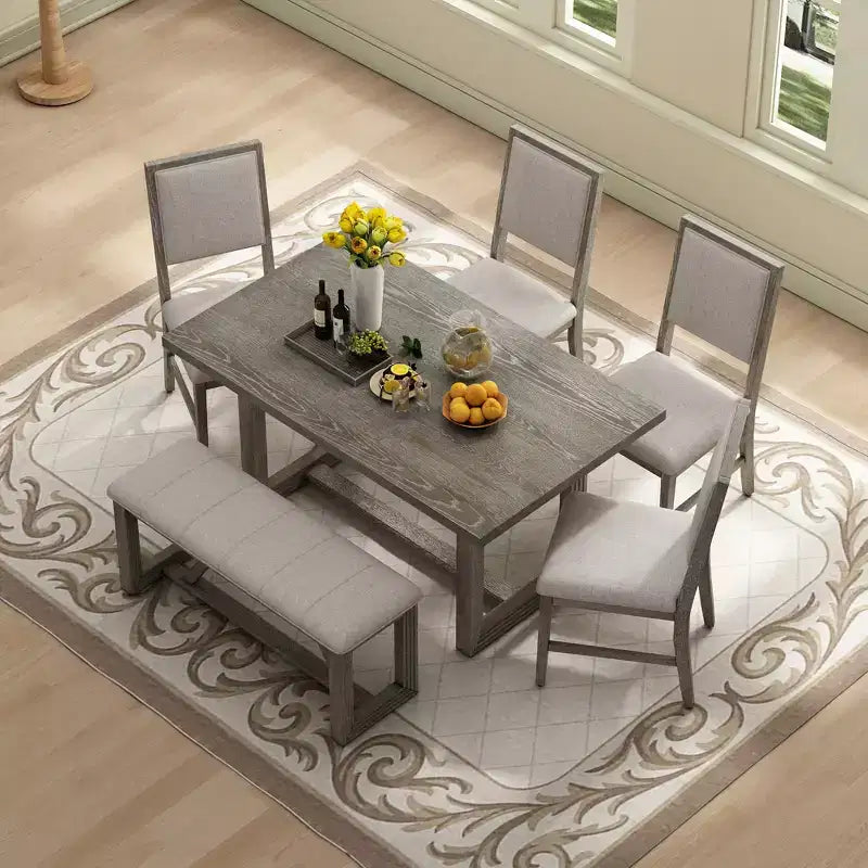 Ensemble de salle à manger rustique 6 pièces pour 5 personnes, table rectangulaire avec piètement trapézoïdal, 4 chaises rembourrées et banc pour salle à manger