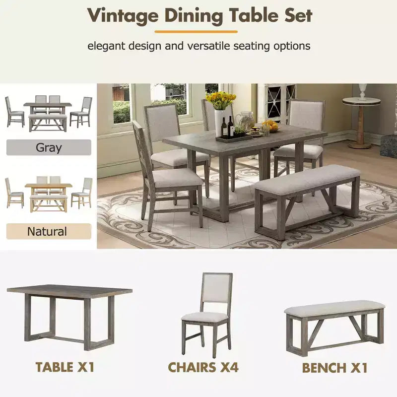 Ensemble de salle à manger rustique 6 pièces pour 5 personnes, table rectangulaire avec piètement trapézoïdal, 4 chaises rembourrées et banc pour salle à manger