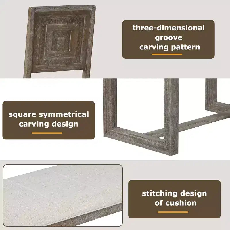 Ensemble de salle à manger rustique 6 pièces pour 5 personnes, table rectangulaire avec piètement trapézoïdal, 4 chaises rembourrées et banc pour salle à manger