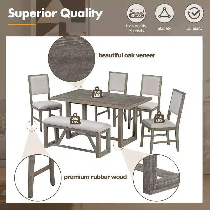 Ensemble de salle à manger rustique 6 pièces pour 5 personnes, table rectangulaire avec piètement trapézoïdal, 4 chaises rembourrées et banc pour salle à manger