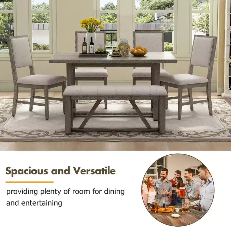 Ensemble de salle à manger rustique 6 pièces pour 5 personnes, table rectangulaire avec piètement trapézoïdal, 4 chaises rembourrées et banc pour salle à manger
