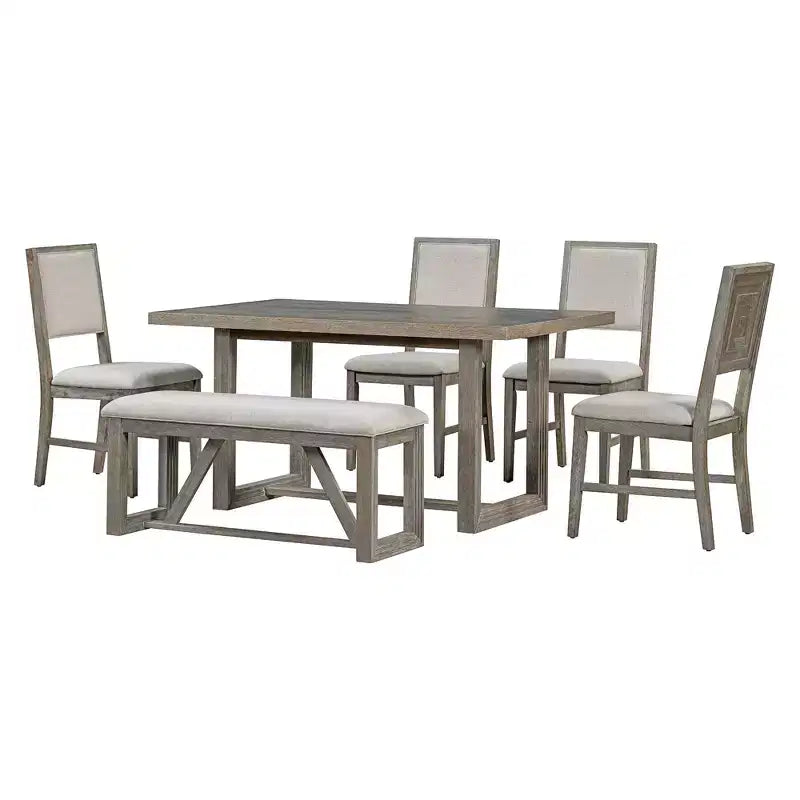 Ensemble de salle à manger rustique 6 pièces pour 5 personnes, table rectangulaire avec piètement trapézoïdal, 4 chaises rembourrées et banc pour salle à manger