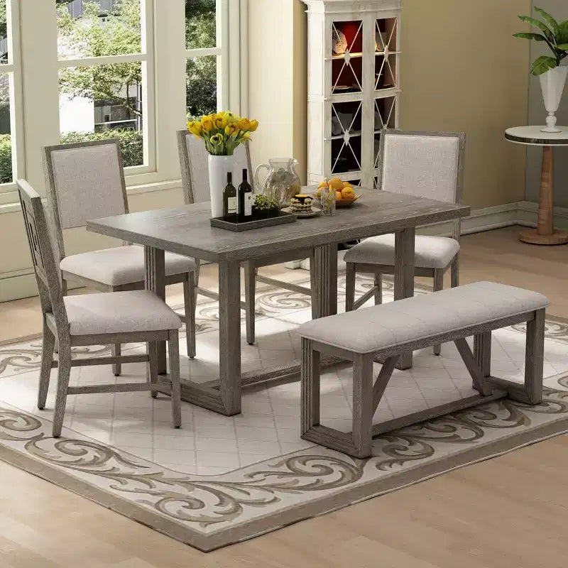6 Pieces Farmhouse Dining Set for 5, Rectangular Table Set with Trapezoidal Table Base and 4 Upholstered Chairs and Bench for Dining Room