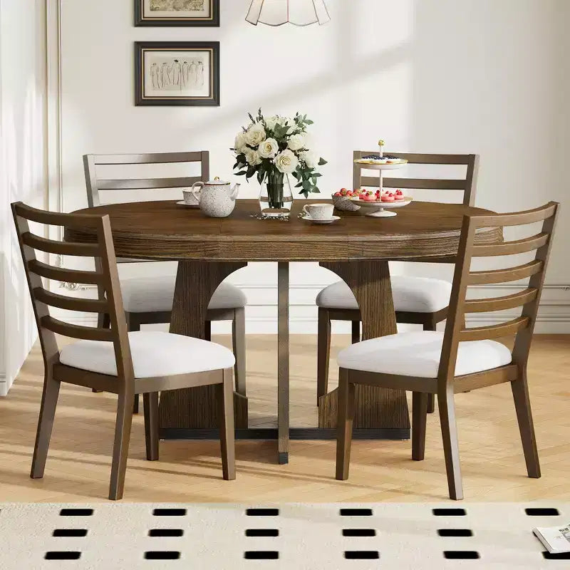 Ensemble de salle à manger rond extensible de ferme pour 4 personnes, table de cuisine ronde en bois avec rallonge, 4 chaises rembourrées pour salle à manger