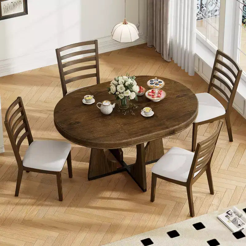 Ensemble de salle à manger rond extensible de ferme pour 4 personnes, table de cuisine ronde en bois avec rallonge, 4 chaises rembourrées pour salle à manger