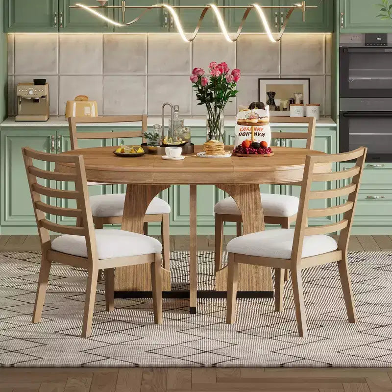 Ensemble de salle à manger rond extensible de ferme pour 4 personnes, table de cuisine ronde en bois avec rallonge, 4 chaises rembourrées pour salle à manger