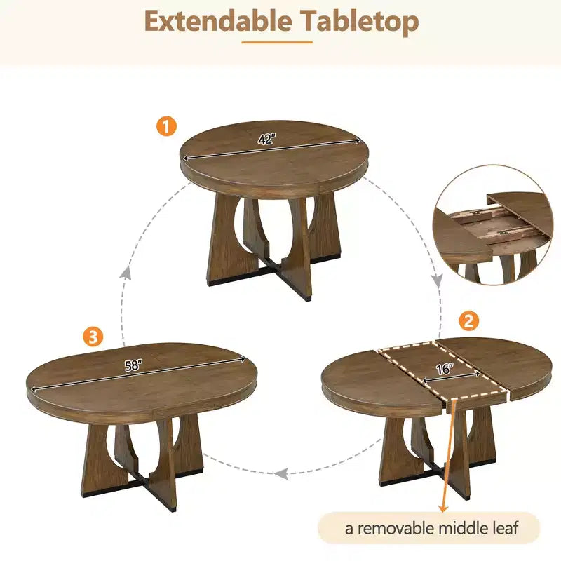 Ensemble de salle à manger rond extensible de ferme pour 4 personnes, table de cuisine ronde en bois avec rallonge, 4 chaises rembourrées pour salle à manger