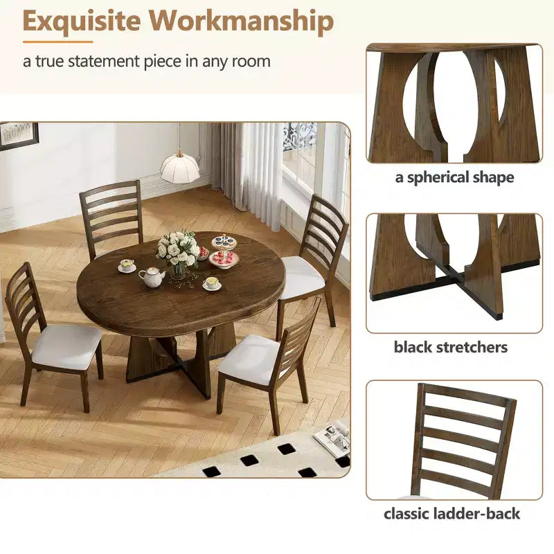 Ensemble de salle à manger rond extensible de ferme pour 4 personnes, table de cuisine ronde en bois avec rallonge, 4 chaises rembourrées pour salle à manger